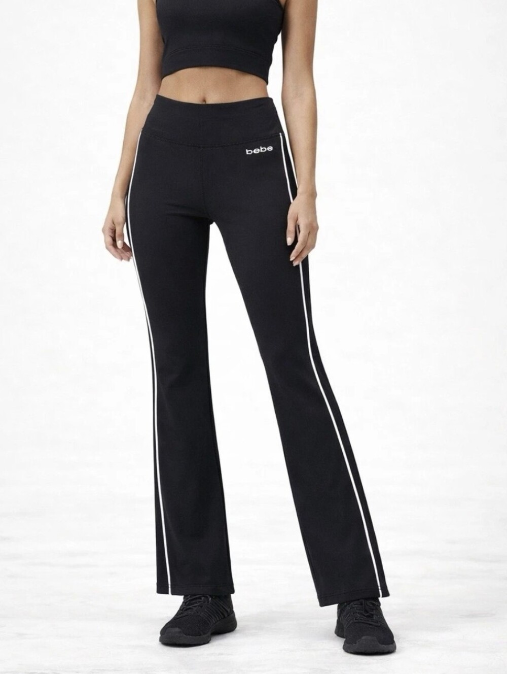 Bebe Sport Black Flared Pants with White Side Stripes, Size M